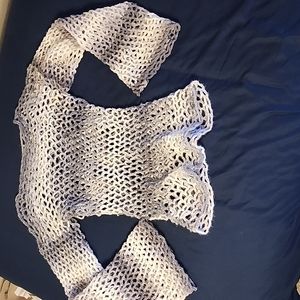 Women's Yarn Mesh Crocheted Long Top (Coverlet). Extended Torso, Bell Sleeve.